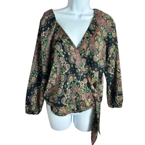 Point Sur J.Crew Paisley Satiny Crepe Wrap Tie Blouse Size XS Long-Sleeve Top - Picture 2 of 6